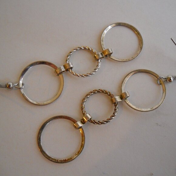 3 Ring Hoop Earrings Silvertone Metal Rope Chain Handcrafted Pierced Dangle OOAK - Picture 6 of 6